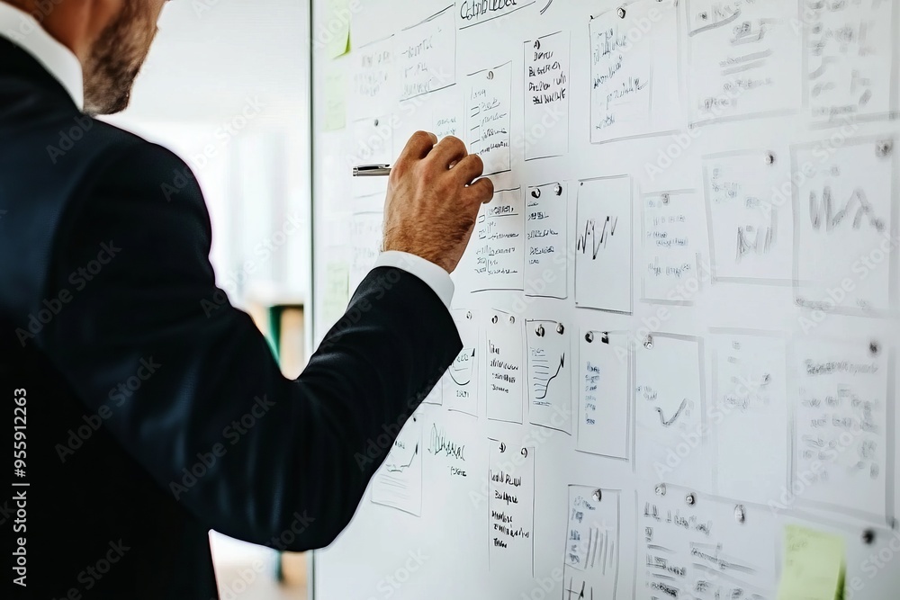 A professional consulting with clients about managing their brand reputation. Whiteboard with strategic notes A professional consulting with clients about managing their brand reputation. Whiteboard with strategic notes