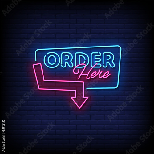 order here neon sign vector with brick wall background 