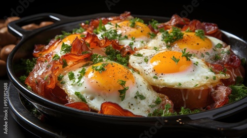 crispy bacon with egg on top, black and blurry background