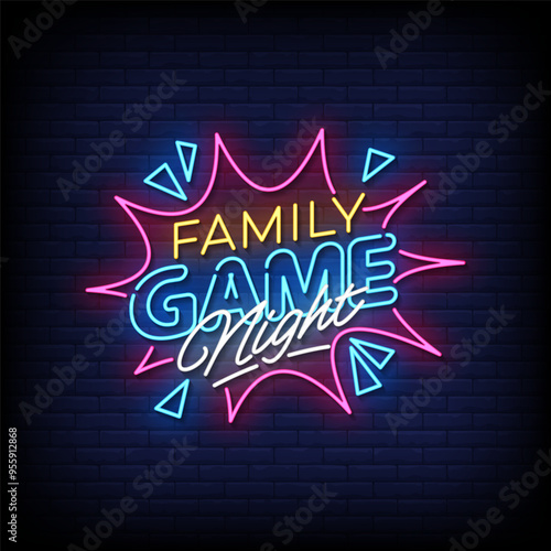 family game night neon sign vector with brick wall background 