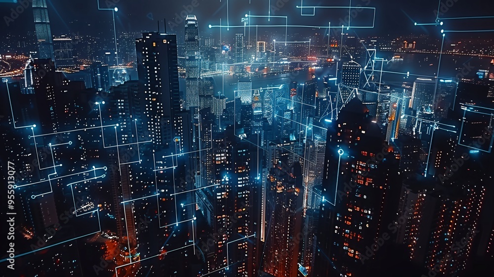 Futuristic Smart City Connected by a Digital Network of Lines and Nodes, Representing Global Internet Connectivity, Data Exchange, and Advanced Communication Technologies. Futuristic Smart City Connected by a Digital Network of Lines and Nodes, Representing Global Internet Connectivity, Data Exchange, and Advanced Communication Technologies.