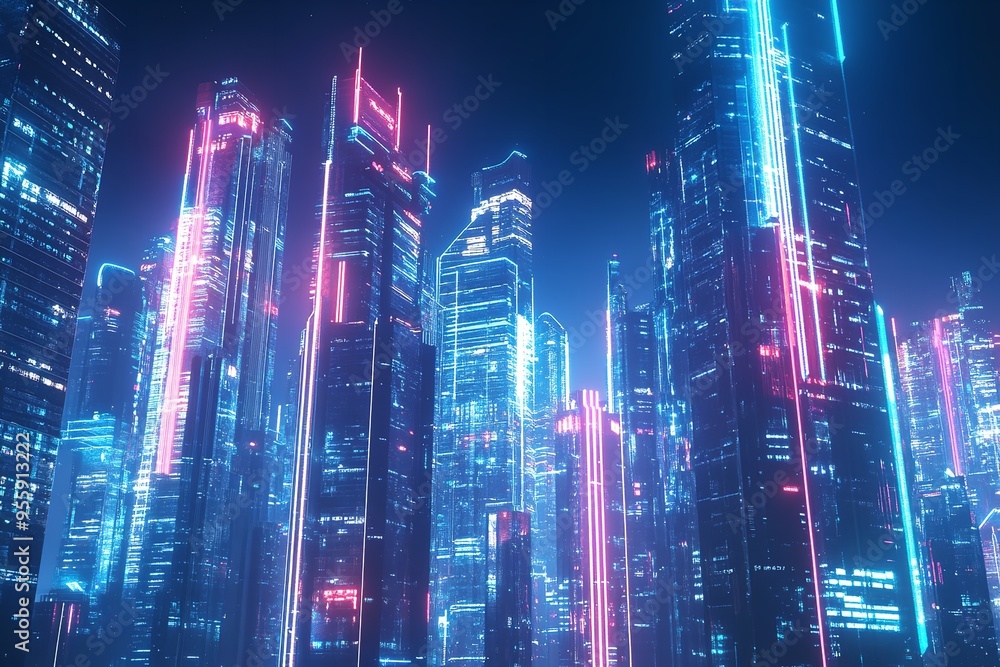 A futuristic mega city with neon-lit towers, advanced technology, and a virtual reality backdrop, embodying a vibrant night life concept. A futuristic mega city with neon-lit towers, advanced technology, and a virtual reality backdrop, embodying a vibrant night life concept.