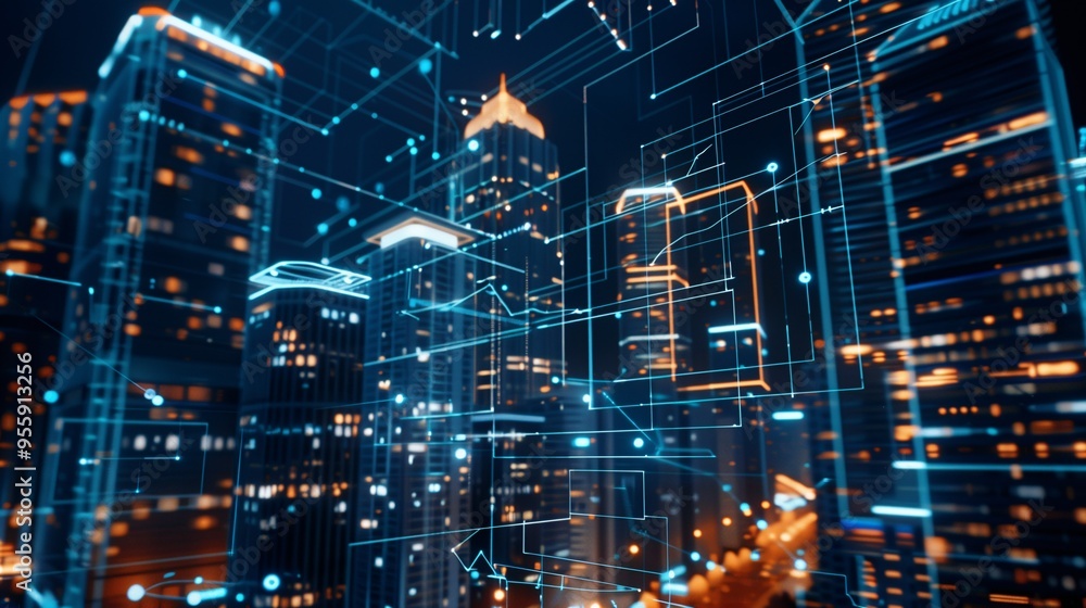 Futuristic Smart City Connected by a Digital Network of Lines and Nodes, Representing Global Internet Connectivity, Data Exchange, and Advanced Communication Technologies. Futuristic Smart City Connected by a Digital Network of Lines and Nodes, Representing Global Internet Connectivity, Data Exchange, and Advanced Communication Technologies.
