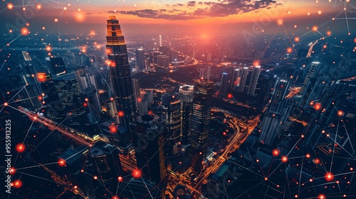 Futuristic Smart City Connected by a Digital Network of Lines and Nodes, Representing Global Internet Connectivity, Data Exchange, and Advanced Communication Technologies.