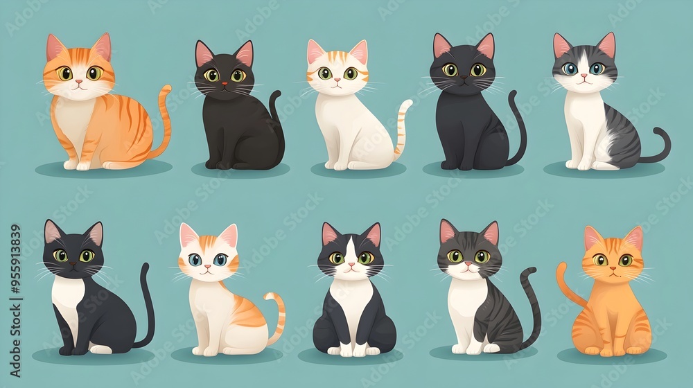 Diverse Cartoon Cats in Peaceful Blue Scene