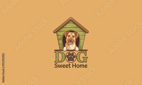 A happy dog in a doghouse with the text "Dog Sweet Home".