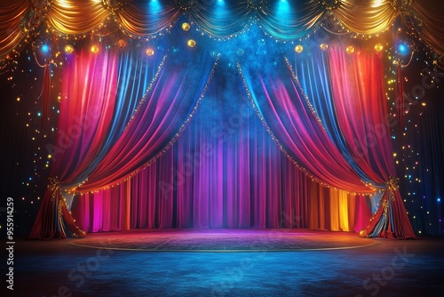 A lively circus stage with colorful lights and drapes in the evening.