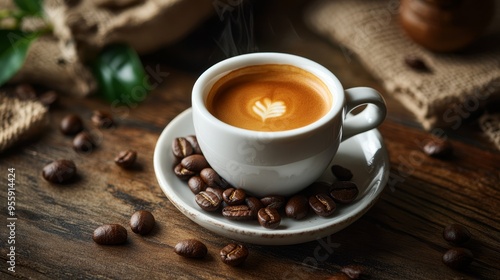 Espresso coffee cup with beans on vintage table. Coffee background