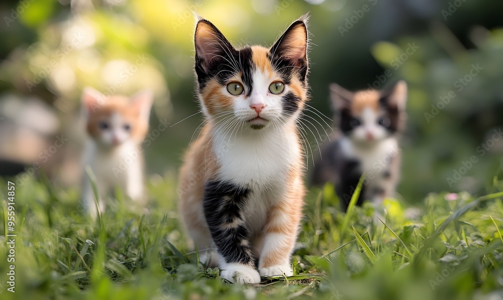 Playful Calico Kittens Exploring Grassy Meadow in a Family Portrait Playful Calico Kittens Exploring Grassy Meadow in a Family Portrait