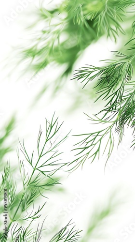 Close-up of fresh green dill leaves on a white background, showcasing delicate details and vibrant natural colors. Ideal for culinary or botanical use.