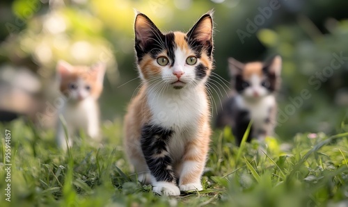 Playful Calico Kittens Exploring Grassy Meadow in a Family Portrait