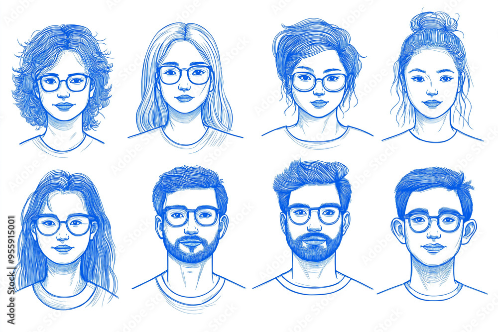 Diverse Faces in Blue Line Art