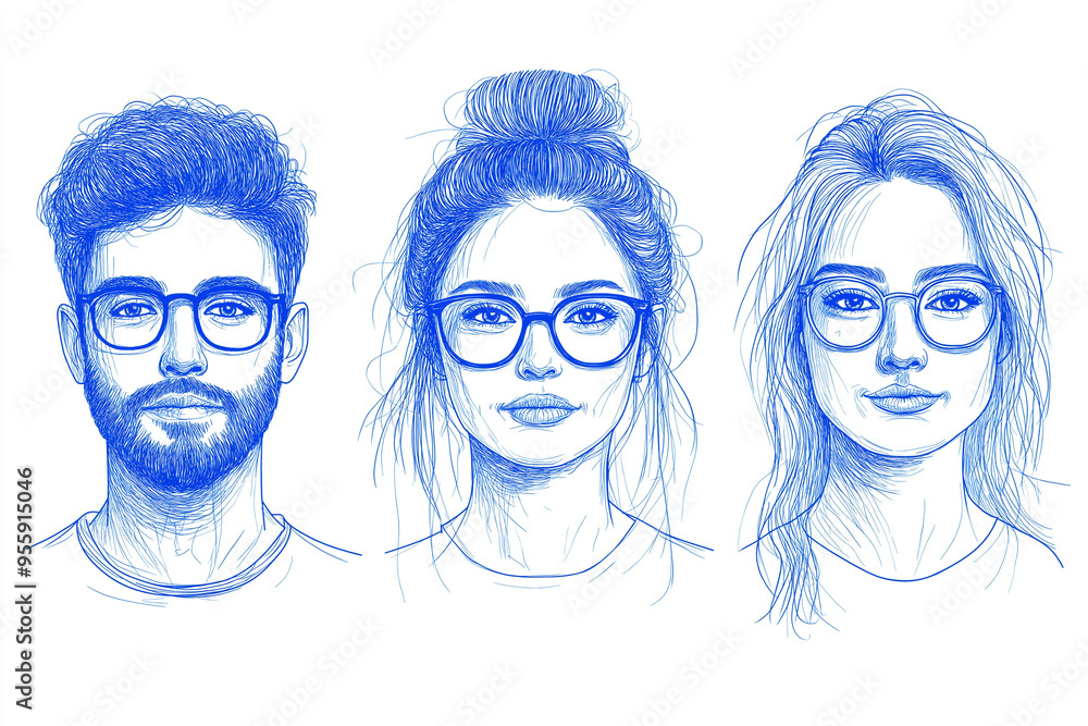 Blue Hue Visionaries: Sketching individuality, a trio of faces, rendered in electric blue, sport trendy eyeglasses, highlighting personal style in a modern portrait series. Blue Hue Visionaries: Sketching individuality, a trio of faces, rendered in electric blue, sport trendy eyeglasses, highlighting personal style in a modern portrait series.