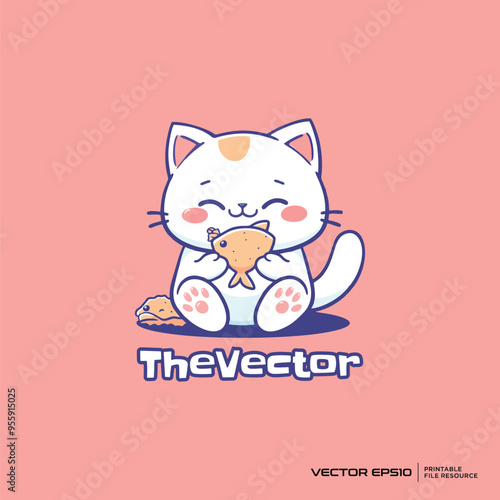 Cat sitting and eating logo, vector, mascot, character, cartoon, illustration, eps10