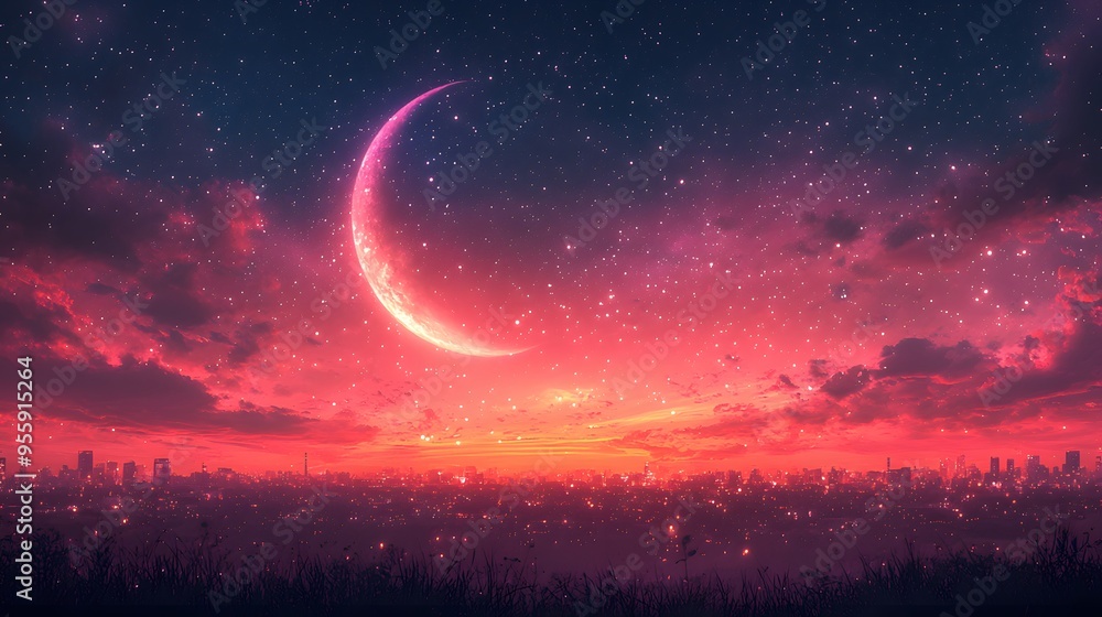 Pink Night Sky With Crescent Moon And City Lights. Pink Night Sky With Crescent Moon And City Lights.