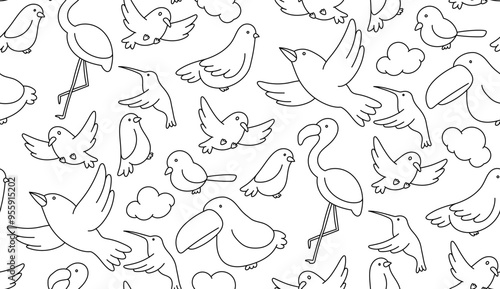 Bird Seamless pattern background flamingo, hummingbird, pigeon, sparrow and cloud kids hand drawing set illustration black color isolated on white background
