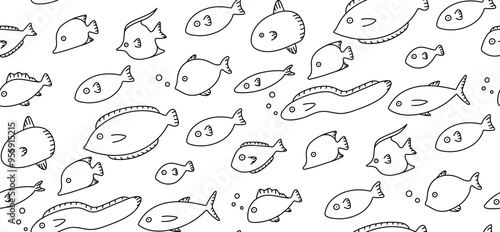 Fish Seamless pattern background and bubble kids hand drawing set illustration black color isolated on white background