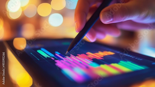 Close-up of a tablet displaying a multicolored bar graph, with a stylus pen in hand