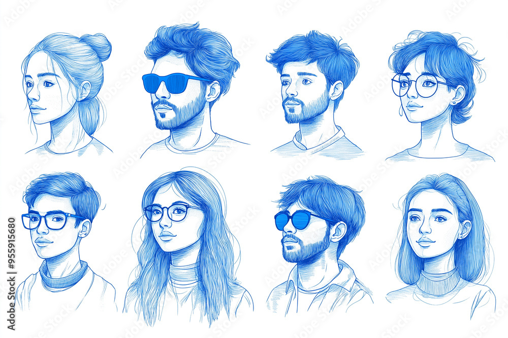 Blue Pen Portrait Collection: A minimalist set of eight blue pen portraits, each capturing a unique individual with a distinct hairstyle and expression, showcasing the beauty of diversity and the powe Blue Pen Portrait Collection: A minimalist set of eight blue pen portraits, each capturing a unique individual with a distinct hairstyle and expression, showcasing the beauty of diversity and the powe
