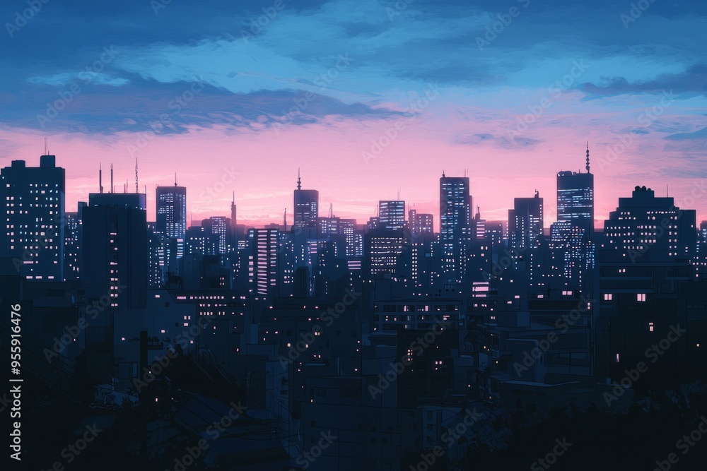 Obraz premium City skyline at twilight with a soft gradient sky and illuminated skyscrapers. Cozy vibe, Generative AI