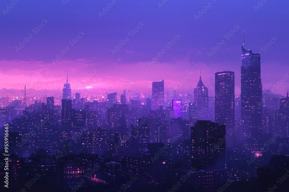 Fototapeta premium City skyline at twilight with a soft gradient sky and illuminated skyscrapers. Cozy vibe, Generative AI