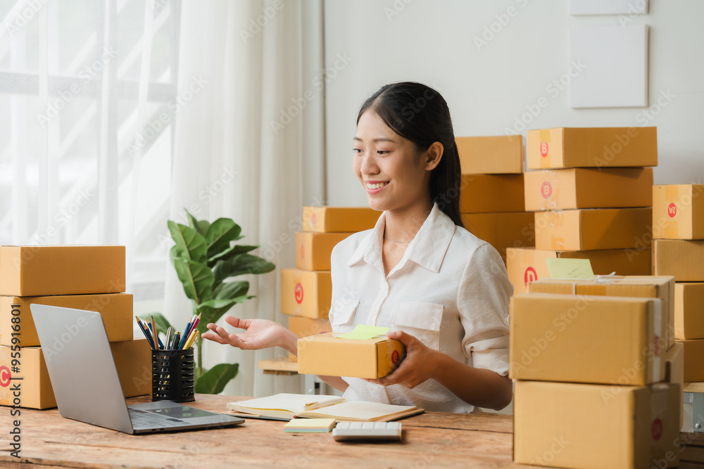 Smiling Entrepreneur: A woman manages her online business with a laptop and packages. She is surrounded by boxes, showcasing the growth of her company. Her smile conveys confidence and happiness. The Smiling Entrepreneur: A woman manages her online business with a laptop and packages. She is surrounded by boxes, showcasing the growth of her company. Her smile conveys confidence and happiness. The