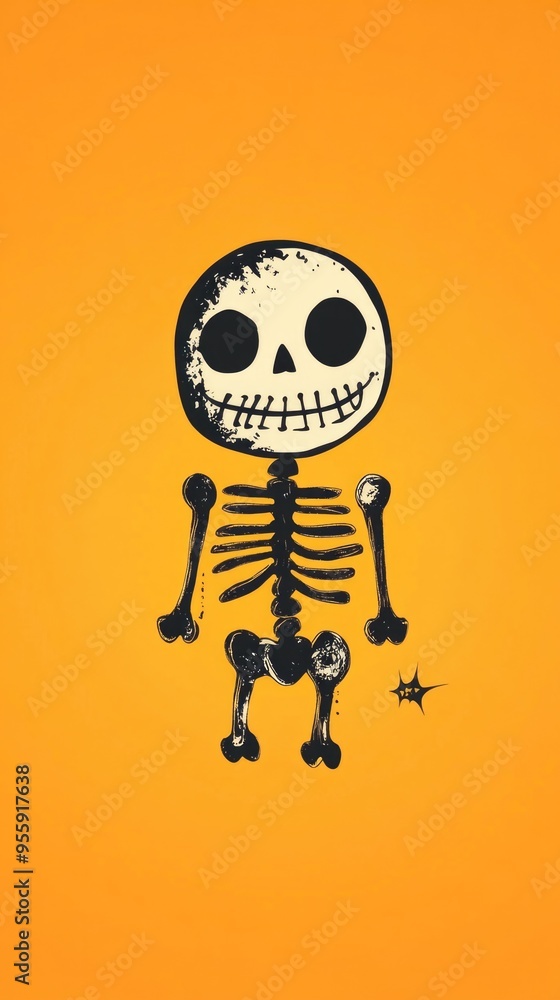 Happy Halloween. Cute little toy Skeleton waves a bony hand through a torn paper hole on a bright orange background, copy space, Minimalism. High quality photo Happy Halloween. Cute little toy Skeleton waves a bony hand through a torn paper hole on a bright orange background, copy space, Minimalism. High quality photo