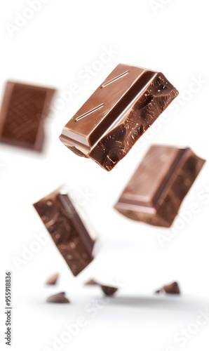 Falling chocolate slice isolated on white background, floating chocolate in the air