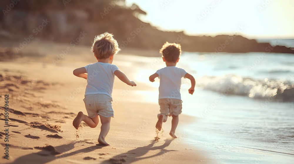 dos niños amigos hermanos corriendo por la arena en la playa divertidos y alegres felices en su infancia diversion y alegria dos niños amigos hermanos corriendo por la arena en la playa divertidos y alegres felices en su infancia diversion y alegria