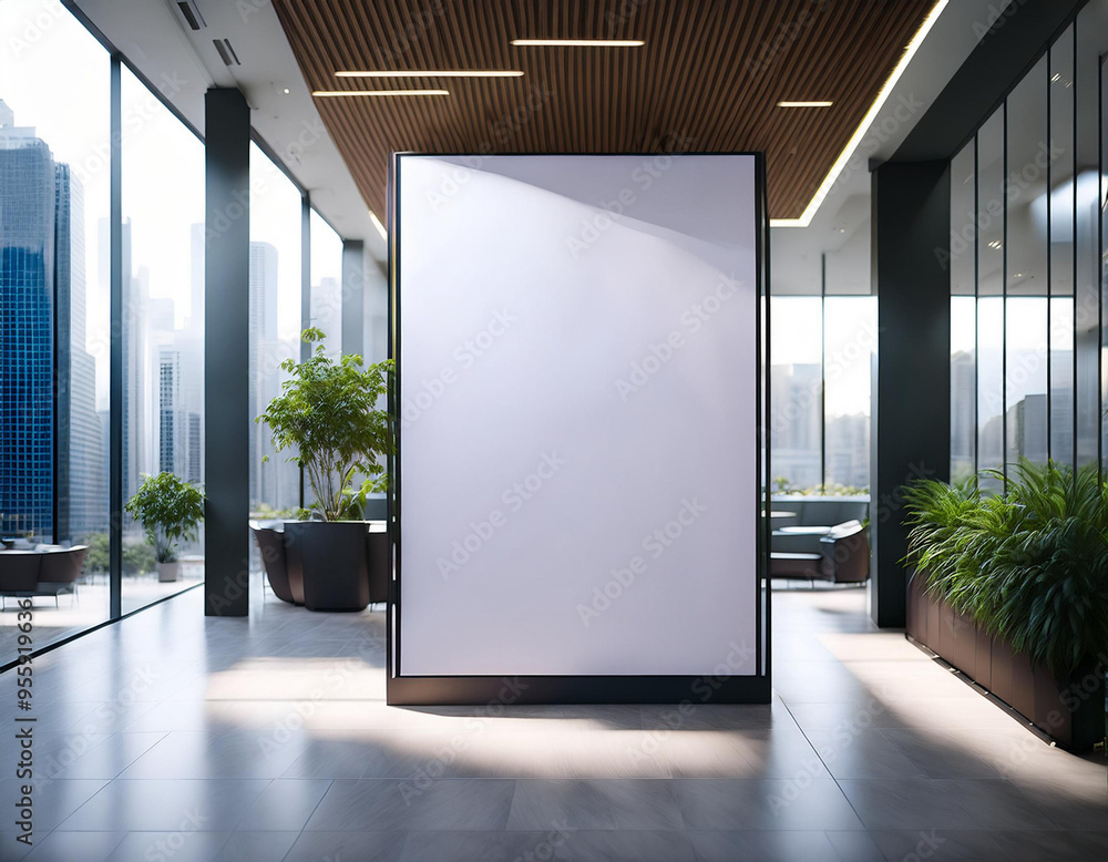 Modern concrete gallery interior with empty white mock up billboard and decorative plant. Exhibition Modern concrete gallery interior with empty white mock up billboard and decorative plant. Exhibition