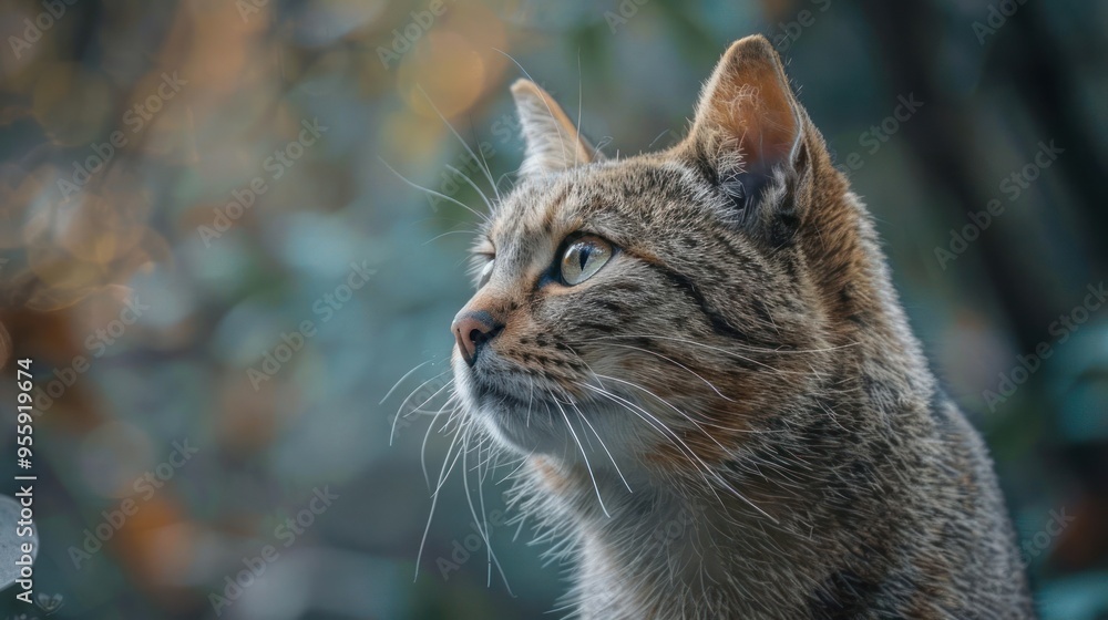 Fototapeta premium A majestic cat with striking eyes, looking deep into the distance.