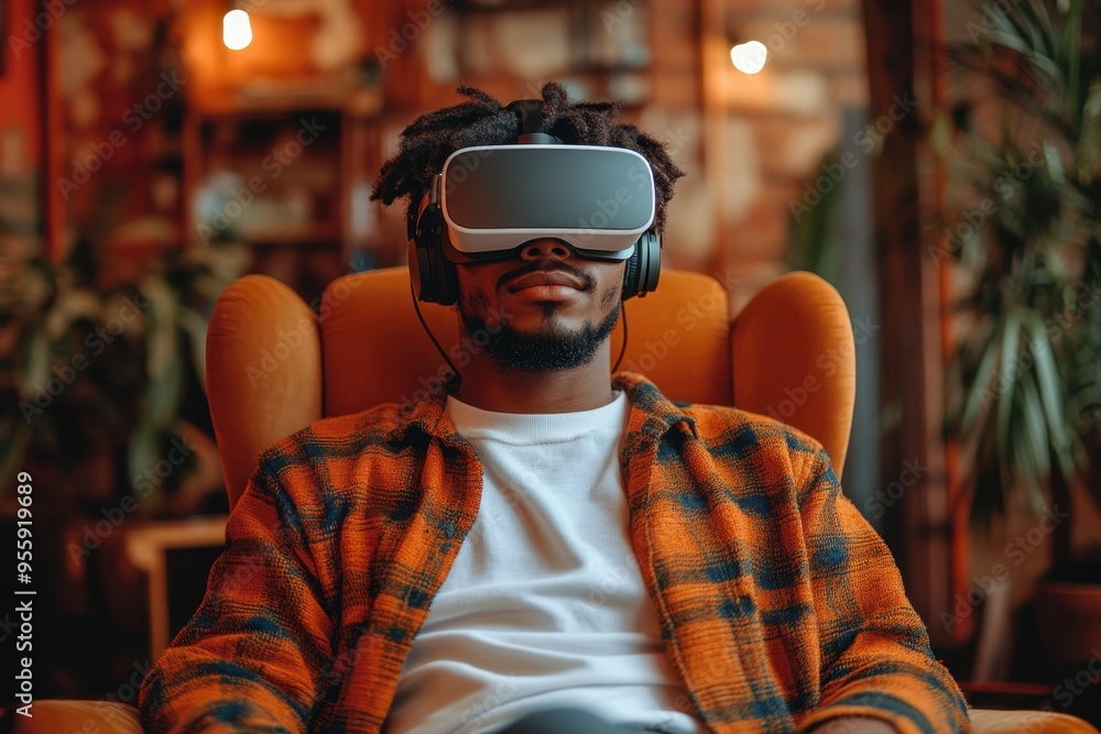 Fototapeta premium A person wearing a VR headset, relaxing in a cozy chair surrounded by plants.