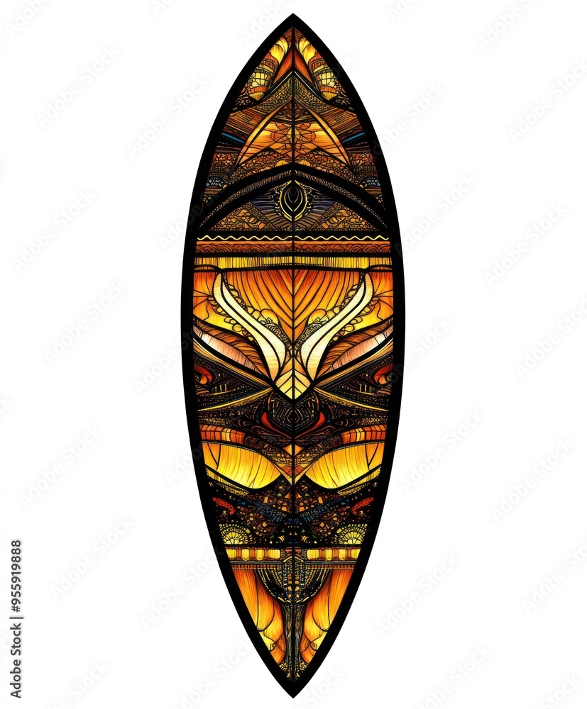 A vibrant surfboard design featuring intricate patterns and warm colors. A vibrant surfboard design featuring intricate patterns and warm colors.