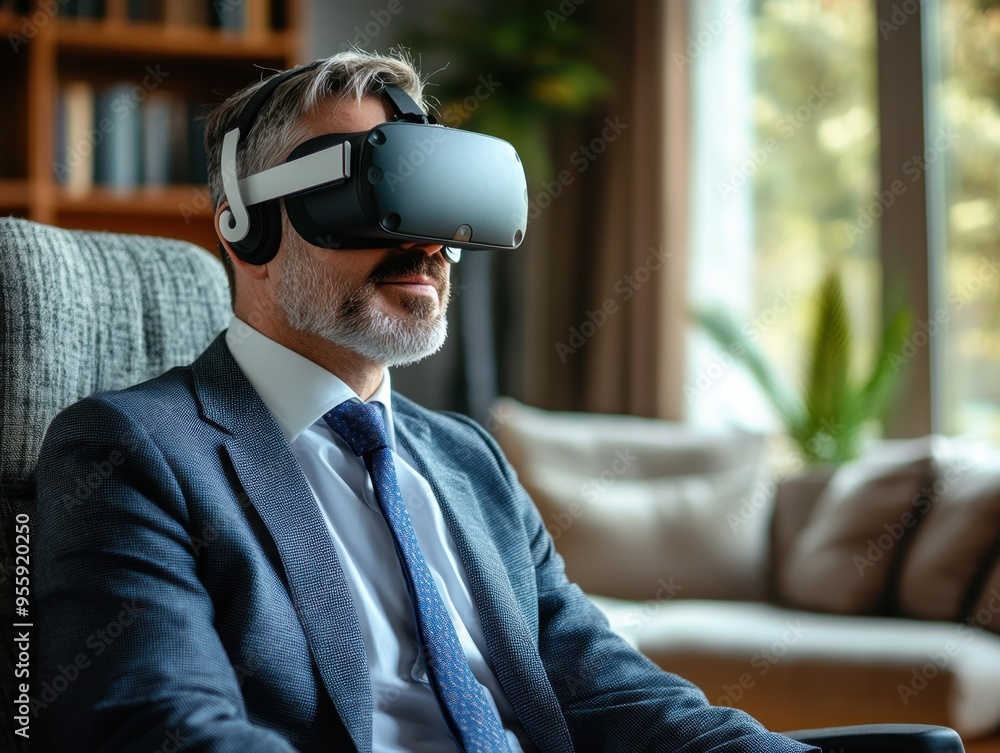 A businessman wearing a VR headset, immersed in a virtual experience at home. A businessman wearing a VR headset, immersed in a virtual experience at home.