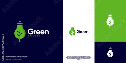 Abstract light bulb logo with tree branch, green energy symbol, vector design template.