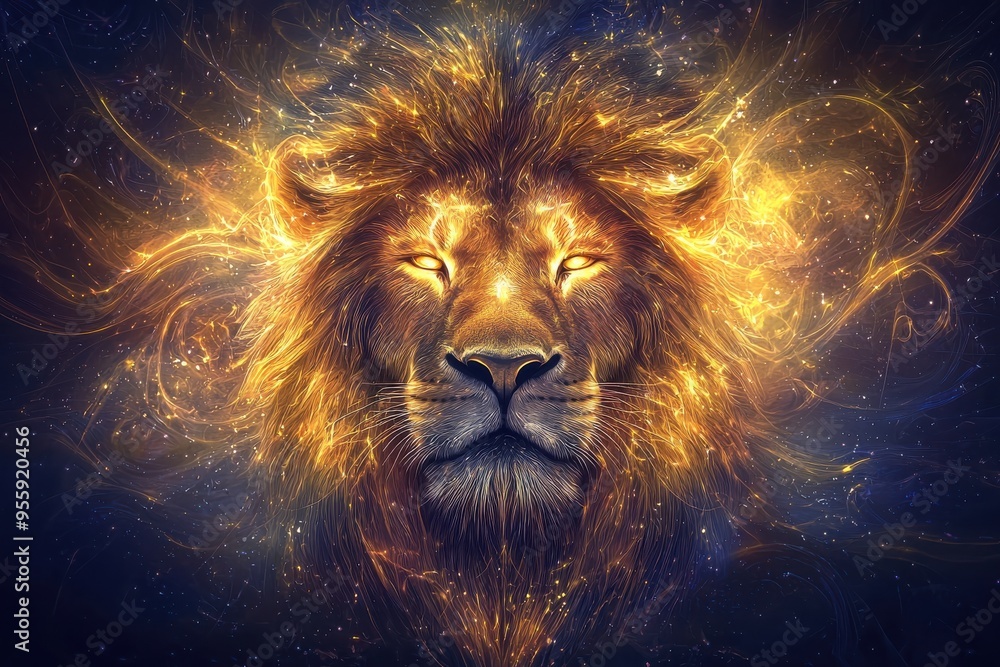 Majestic golden lion with fiery mane, embodying power, strength and dominance Majestic golden lion with fiery mane, embodying power, strength and dominance