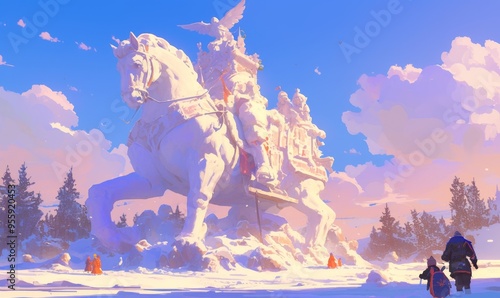 Whimsical Winter Naadam Snow Sculpture: Enchanting Anime-Style Illustration for Cultural Celebration. Vibrant and Soothing Artwork Perfect for NFT, Wallpaper, Apparel Design, and Seasonal Marketing. E photo