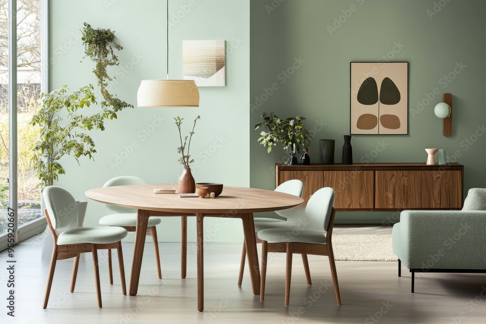 Scandinavian dining room with light green walls, an oval wooden table, matching chairs, a modern sofa, and a walnut cabinet. Scandinavian dining room with light green walls, an oval wooden table, matching chairs, a modern sofa, and a walnut cabinet.