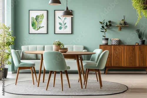 Scandinavian dining room with light green walls, an oval wooden table, matching chairs, a modern sofa, and a walnut cabinet.