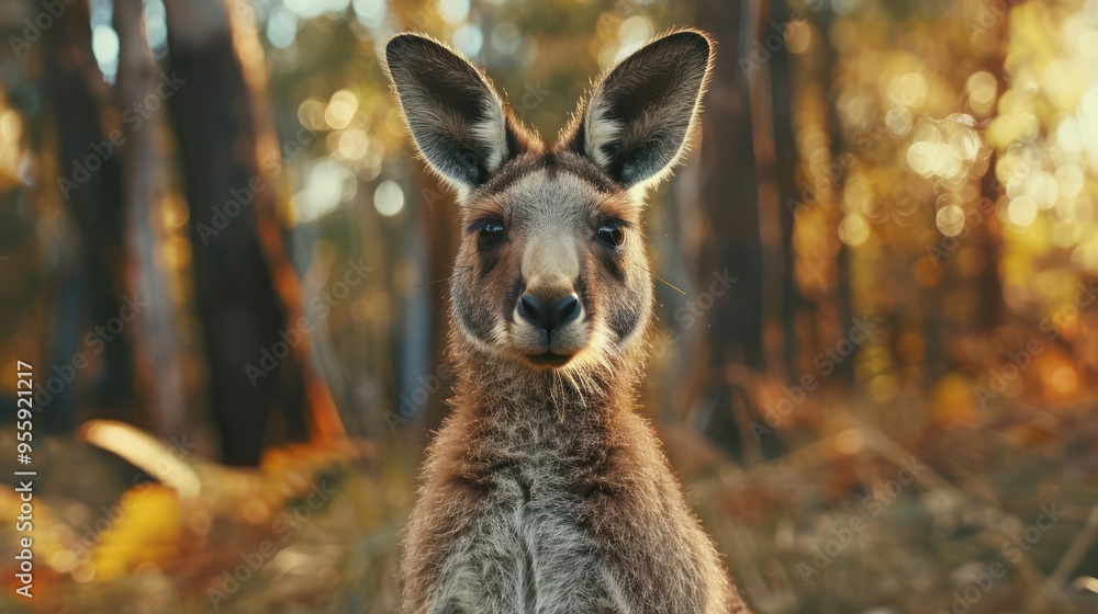 Fototapeta premium A kangaroo standing in a forest during the fall season,