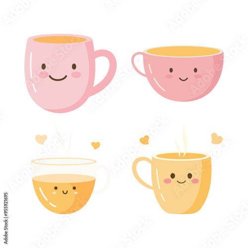 Collection of Cute Tea Coffee Drink Character in Pastel Cup Mug with Love