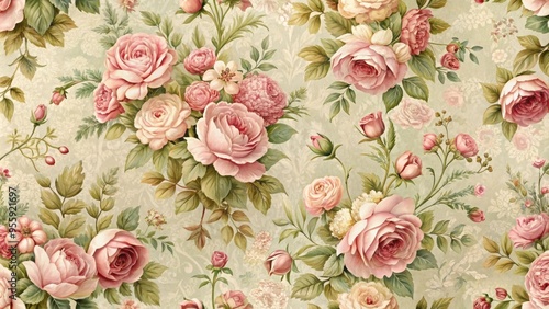 Ornate vintage floral wallpaper with antique roses and leaves in elegant pink tones for spring and summer decor, vintage