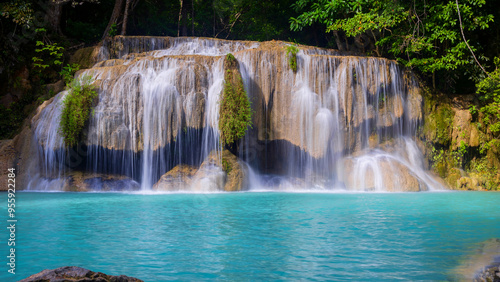 Deep forest waterfall in Thailand. Erawan waterfall National Park Kanjanaburi Thailand.
