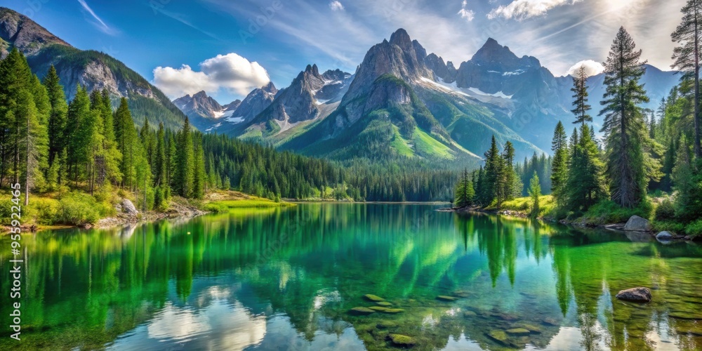 Serene mountain lake surrounded by lush greenery and towering peaks, mountain, lake, water, reflection, nature Serene mountain lake surrounded by lush greenery and towering peaks, mountain, lake, water, reflection, nature