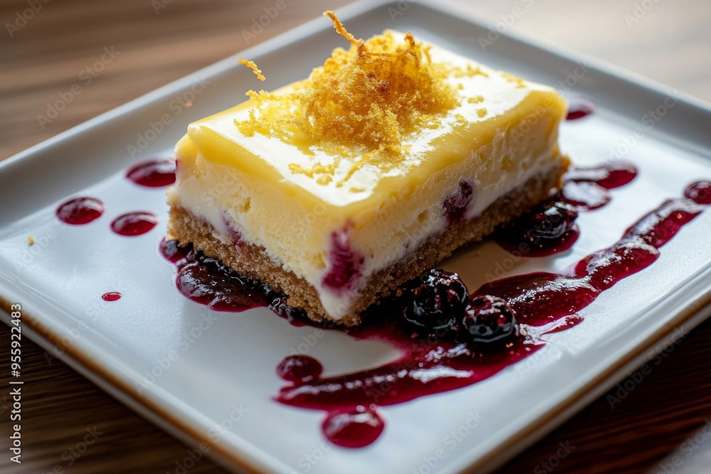 Square slice of lemon ice cream bar with a graham cracker base, topped with berry jam and melted yellow cheese glaze, presented on a white plate in a restaurant setting with studio lighting. Square slice of lemon ice cream bar with a graham cracker base, topped with berry jam and melted yellow cheese glaze, presented on a white plate in a restaurant setting with studio lighting.