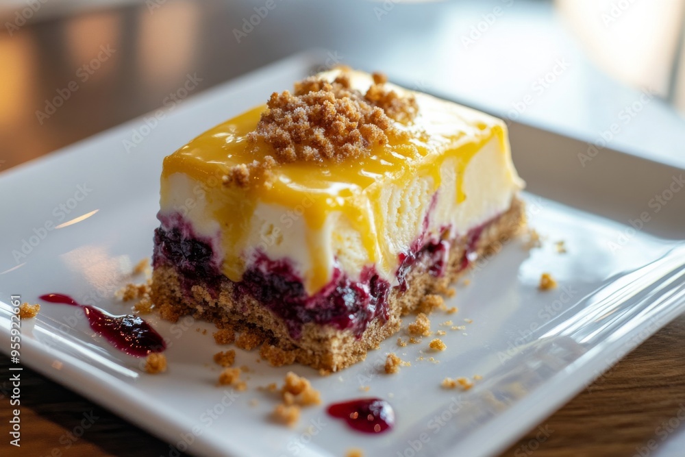 Square slice of lemon ice cream bar with a graham cracker base, topped with berry jam and melted yellow cheese glaze, presented on a white plate in a restaurant setting with studio lighting. Square slice of lemon ice cream bar with a graham cracker base, topped with berry jam and melted yellow cheese glaze, presented on a white plate in a restaurant setting with studio lighting.