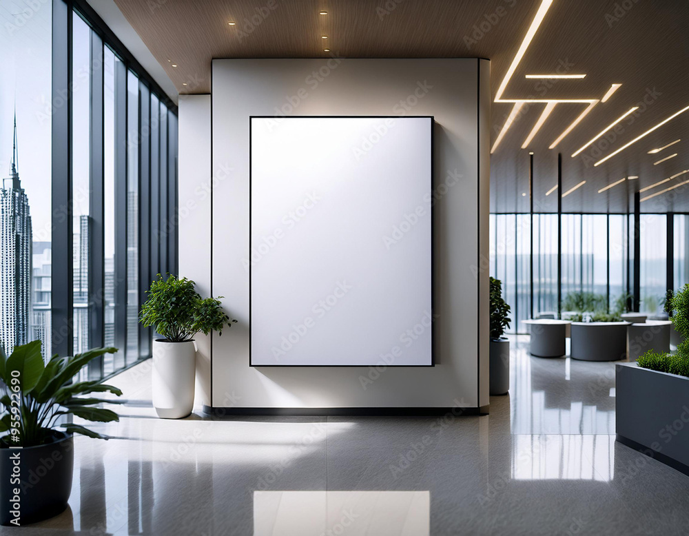 Modern concrete gallery interior with empty white mock up billboard and decorative plant. Exhibition Modern concrete gallery interior with empty white mock up billboard and decorative plant. Exhibition