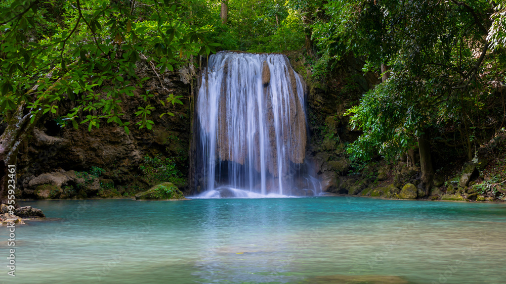 Deep forest waterfall in Thailand. Erawan waterfall National Park Kanjanaburi Thailand. Deep forest waterfall in Thailand. Erawan waterfall National Park Kanjanaburi Thailand.