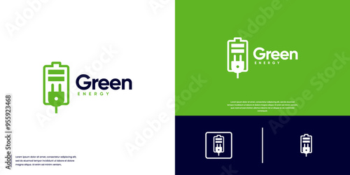 battery and cable logo, green renewable energy, natural energy, design vector illustration.