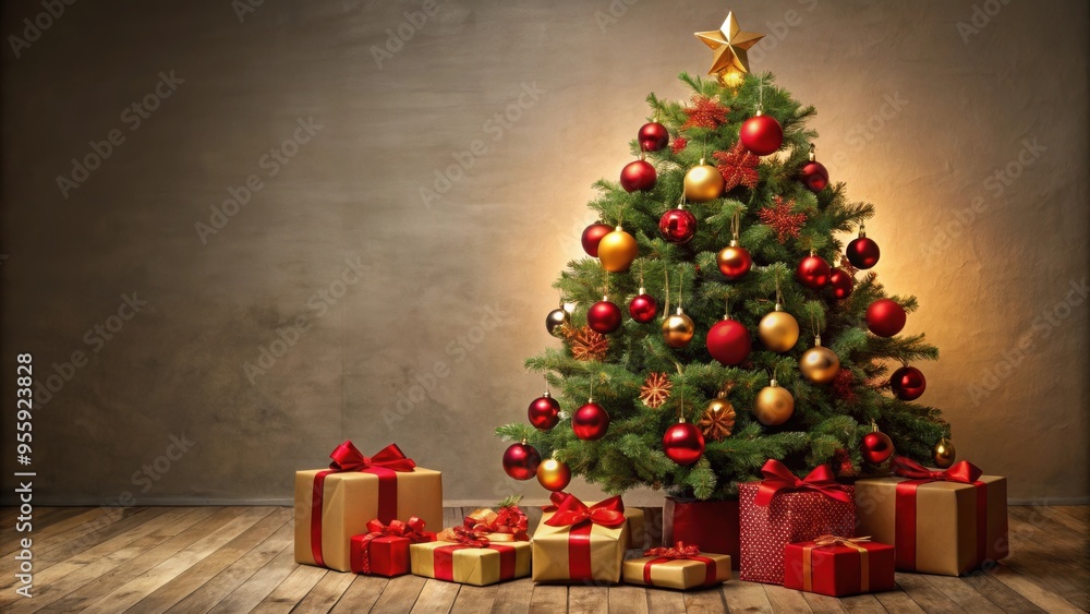 Christmas tree adorned with red and gold ornaments, surrounded by wrapped gifts with red bows , Christmas, tree, red Christmas tree adorned with red and gold ornaments, surrounded by wrapped gifts with red bows , Christmas, tree, red